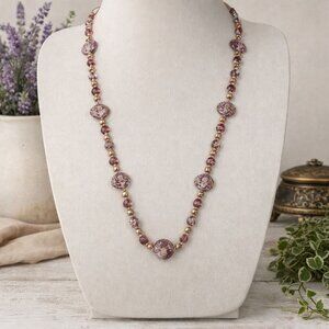 Vintage LILAC MILLEFIORI Venetian Glass Bead Necklace 30.5 inch Barrel Clasp